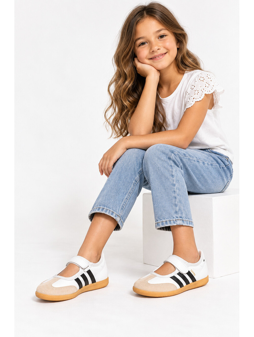 adidas Samba Jane C Kids Size 3 White Black Gum Mary Jane Shoes LA3701 NWT